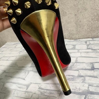 Christian Louboutin Black Suede Gold Spiked Pumps Red Bottoms Heel