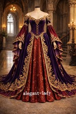 Purple Red Medieval Wedding Dress Off Shoulder Bell Sleeve Gold Embroidery Gown