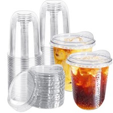50 Pack Clear Plastic Cups with Strawless Sip Lids,16OZ Disposable Iced Coffe...