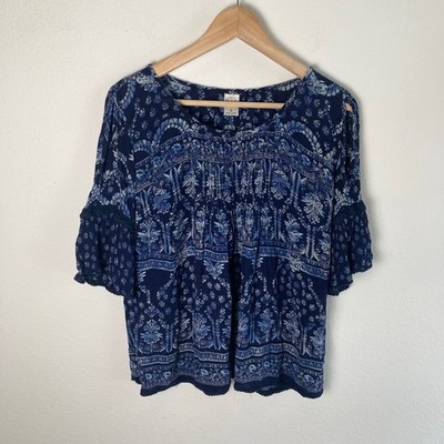 Bila Blouse Womens Small Blue Indigo Open Shoulder Pintuck Boho Ruffle Top