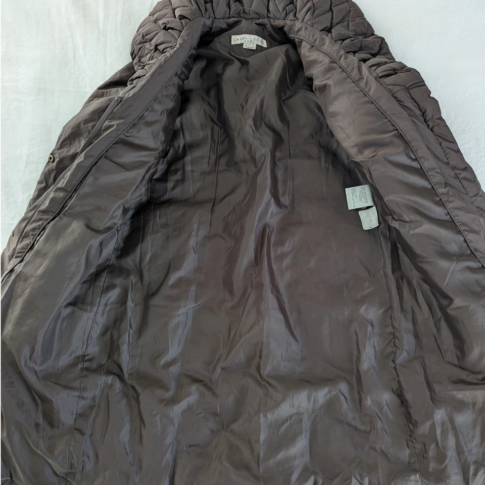 Abrigo acolchado Larry Levine marrón cuello chal manga larga para mujer M Foto 3 de 4