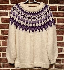 Vtg 70s ICELANDIC NORDIC Wool COWICHAN Knit SWEATER Womens L Purple White EX 
