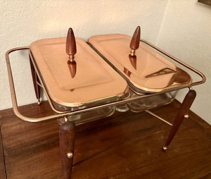 Rare MCM Vintage Copper Atomic Pyrex Wood Legs Warming Chafing Serving Buffet