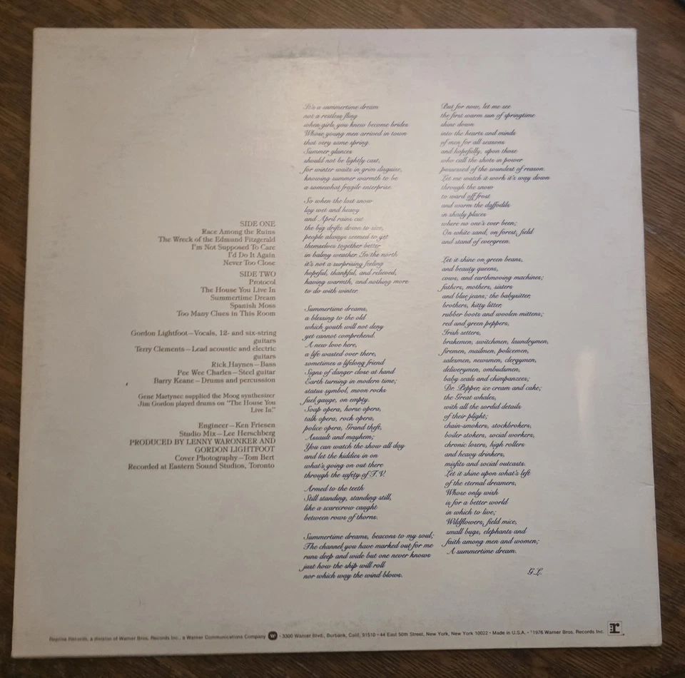 Gordon Lightfoot Summertime Dream Vinyl LP Reprise Records 1976 Folk Rock EX Foto 3 de 4