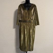 J. Peterman VTG. Gold 3/4 Sleeve V-Neck Keyhole Back Shimmery LAME Dress - Sz 18