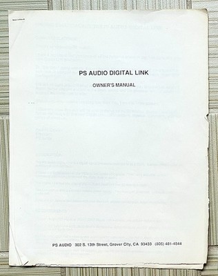 PS Audio Digital Link Manual -Free Shipping!