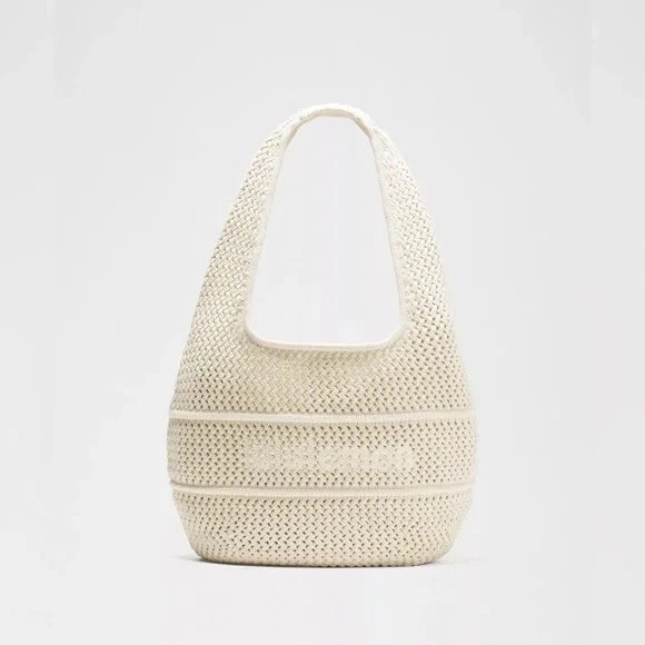 Lululemon Cotton Crochet Shoulder Bag OS Ivory Textured Knit Summer Tote - Image 2 of 4