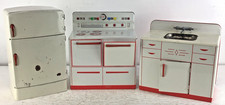 3 Wolverine 1950's Tin Metal Kitchen Play Set Fridge Oven Sink Red/White