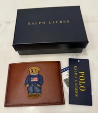NEW Polo Ralph Lauren FLAG SWEATER BEAR Leather Slim Card Case Wallet TAN BROWN