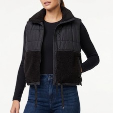JoyLab High Pile Quilted Vest Womens Medium Black Nylon Faux Fur Full Zip Winter
