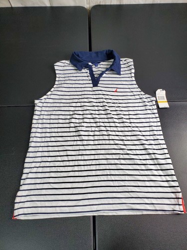 New Womens Nautica Small Sleeveless Shirt Blue White Striped Collared Tank Top