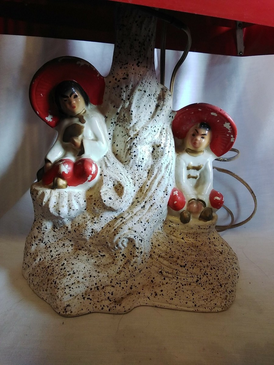 Vintage Asian-Oriental Chalkware? Lamp w RED Venetian-Tin Tiered