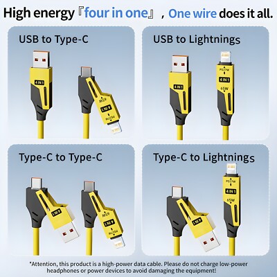 4 in 1 65W 5feet Spring Data Cable 6A USB Type C Spring Telescopic Quick Charger