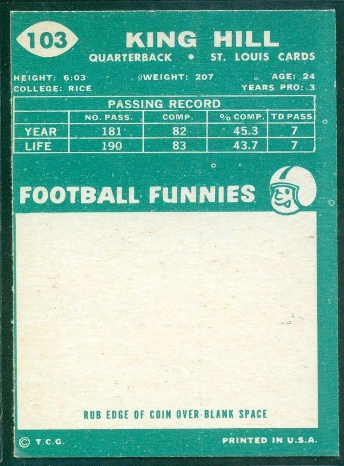 1960 Topps Football, Card #103, King Hill, Cardinals, Ex/Mt-NM - Image 2 of 3