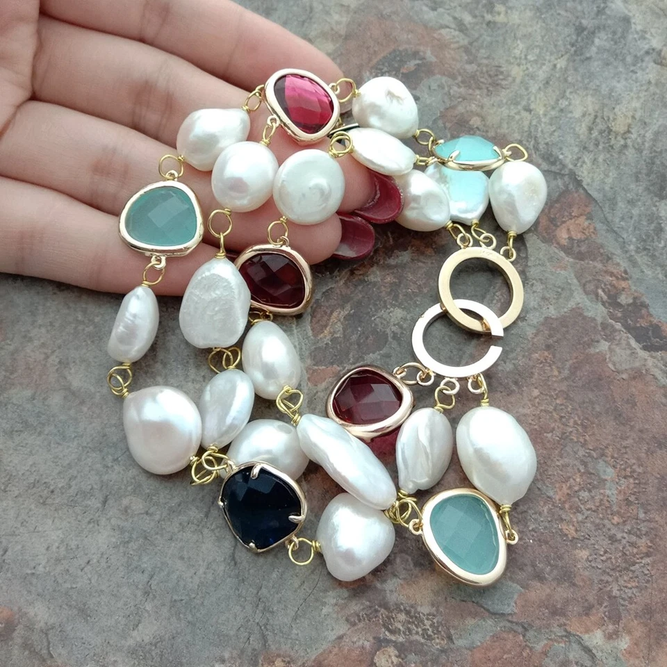 8,5'' 3 ряда белый барокко жемчуг монета жемчуг кристалл браслет - Изображение 3 из 4