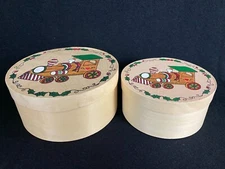 Vintage Round Wood Boxes Set of 2 Christmas Holiday Containers Train on Lids 