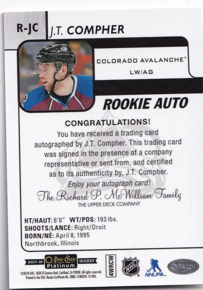 2017-18 O-Pee-Chee Platinum Rookie Autographs #RJC J.T. Compher - Image 2 of 2