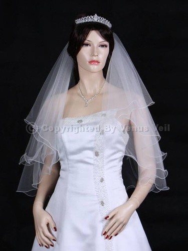 2T White Elbow Length Scallop Pencil Edge Bridal Wedding Veil - Picture 3 of 5