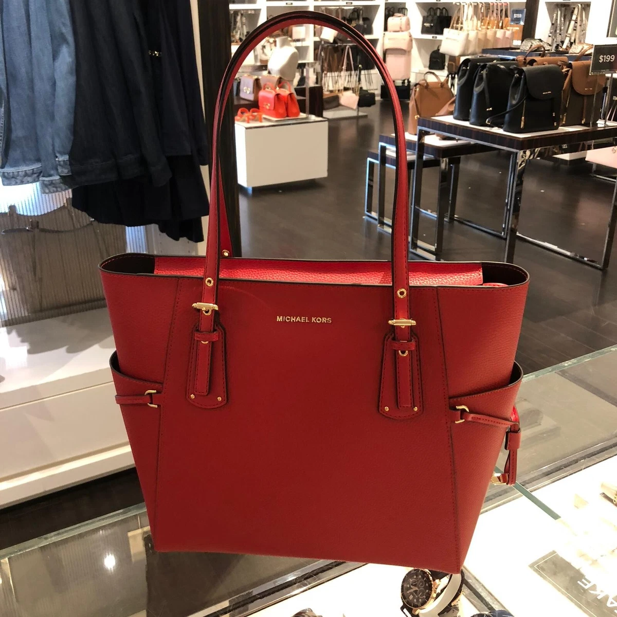 MICHAEL KORS VOYAGER EAST WEST MK SIGNATURE TOTE SHOULDER BAG - FLAME RED