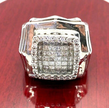 14k White Gold Heavy Princess Cut Diamond Large Square Mens Ring, 26.3 Grams