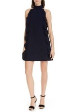TED BAKER Navy Blue Scalloped Ruffle Mock Neck Trapeze Shift Dress 4 TB = 10 US
