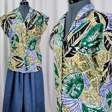 Vtg Laura Mae Dropped Shoulder Tropical Leaf Print Top in Blk/Grn/Tan Size M
