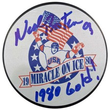 Neal Broten Autographed Miracle On Ice Hockey Puck w/ 1980 Gold Inscription USA