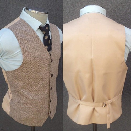 Herren Weste Beige Fischgräte Tweed Anzug Jackett Sakko Formel Hochzeit Business - Picture 14 of 16