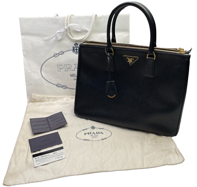 Prada Saffiano Lux Nero Black Leather GHW Double Zip Large Hand 