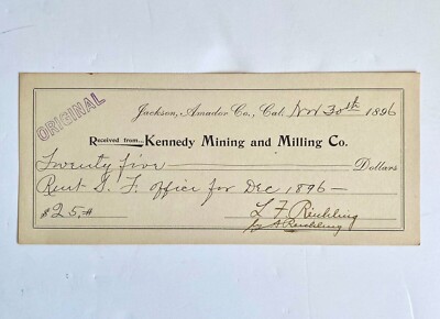 Antique 1896 Rent Check Kennedy Mining Milling Co Jackson Amador County CA USA