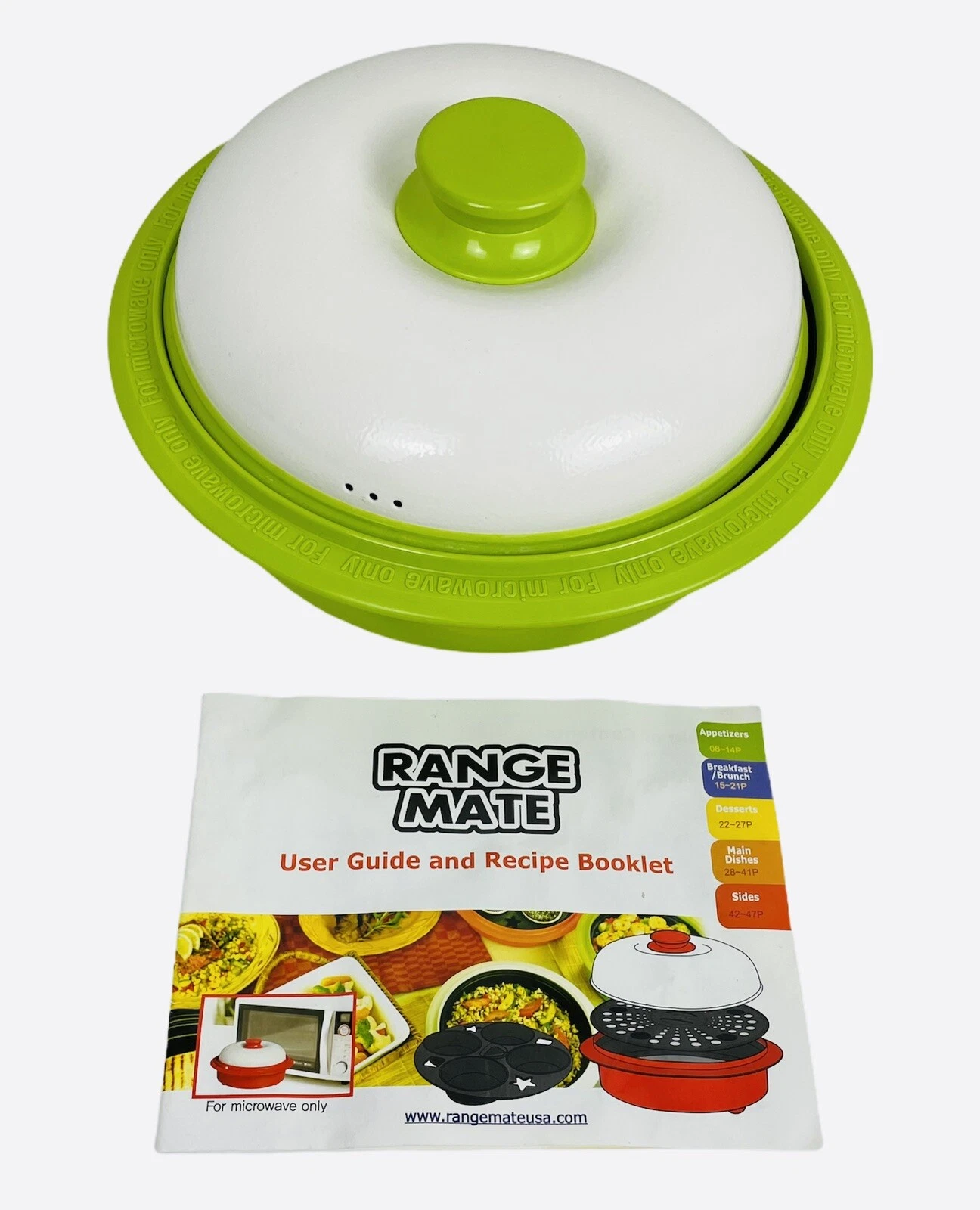 Green Range Mate Microwave Cooking Grill Round with Steamer Muffin Pan and Book