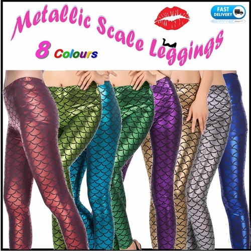 Metallic Shiny Fish Mermaid Blue Green Purple Silver Gold Leggings Pants 9391