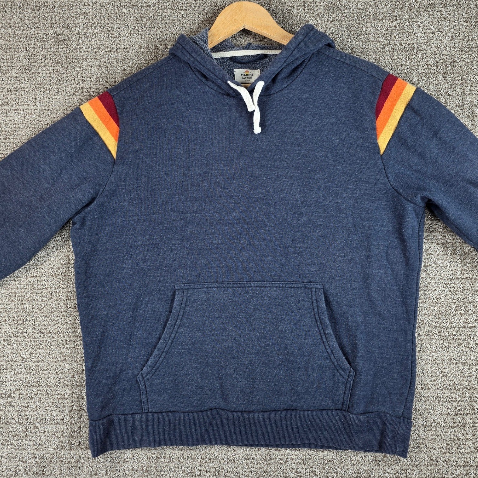 Marine Layer Banks Mens Blue Pullover Hoodie Rainbow Stripe Fleece Lined Medium