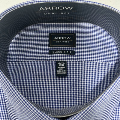Arrow Dress Shirt Mens 17.5 Blue Plaid Button Down Classic Fit Wrinkle Free  | eBay