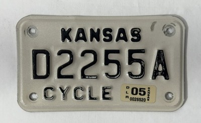 2005 Kansas-KS Motorcycle Dealer License Plate D2255A Black on White Aluminum