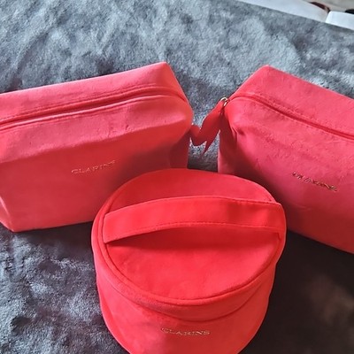 Clarins Red Fabric Makeup Bag & Case Set with Zipper and Handle