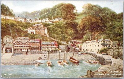 Clovelly Vintage Postkarte Hafen Boote Dorf Devon England Valentinstag künstlerisch
