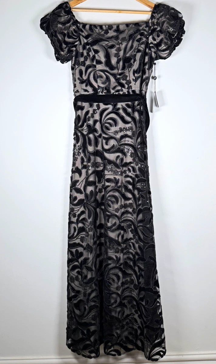 Maxi Vestido Adrianna Papell Negro Desnudo Lentejuelas Terciopelo Adornado Reino Unido 14 Nuevo con Etiquetas