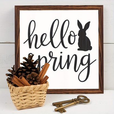 Vintage Easter Hello Spring Wooden Plaque Black Bunny Silhouette Decoration Gift