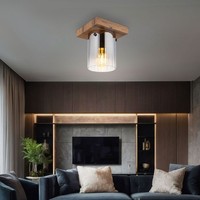 Deckenleuchte Deckenlampe Wohnzimmerlampe Holzoptik Glas Rauchfarbe 1-Flammig