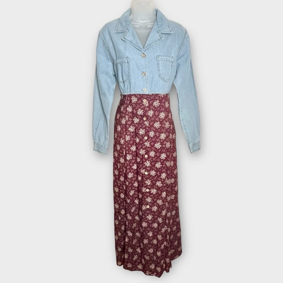 VINTAGE mixed media chambray/floral button down shirt dress size 10 Y2K Grunge - Image 2 of 4