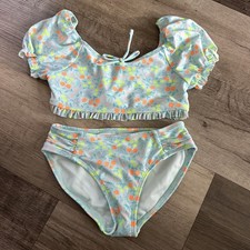 Cat  Jack Girls flowers Green- Orange 2 piece Swim Suit Size M 8
