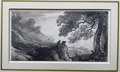Frühe englische Bleistiftzeichnung. Figuren auf einem Felsvorsprung ? Anthony Devis 