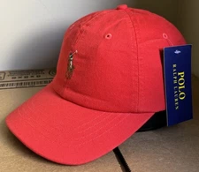 POLO Ralph Lauren Men's Cotton Chino Adjust Dad Baseball Cap Red w/ Brown Pony