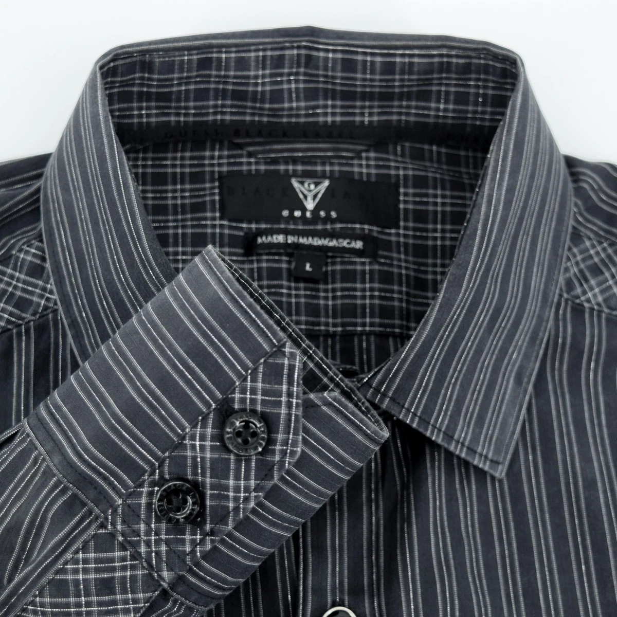 Camisa ajustada Guess Black Label para hombre L M8327500 negra plateada cinta de sombra