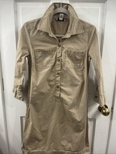 Ann Taylor LOFT Khaki Beige Shirt Dress Safari Roll Tab Sleeve Size 4