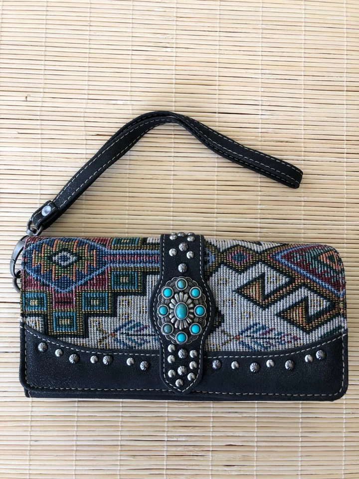 Cartera Muñequera Montana West Patrón Azteca Turquesa Plata Tachonada Ranuras para Tarjetas Foto 3 de 4