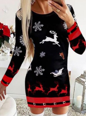 Damen Weihnachten Rundhals Langarm Kleid Größe 14 Rentier Schneeflocken Glocken