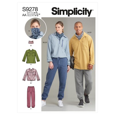 SIMPLICITY 9278 UNISEX OBERTEILE HOSE NECKPIECE Schnittmuster Größen XS-M & L-XXL