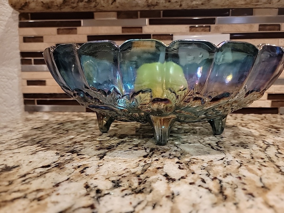 Vintage large iridescent blue carnival glass oval footed center